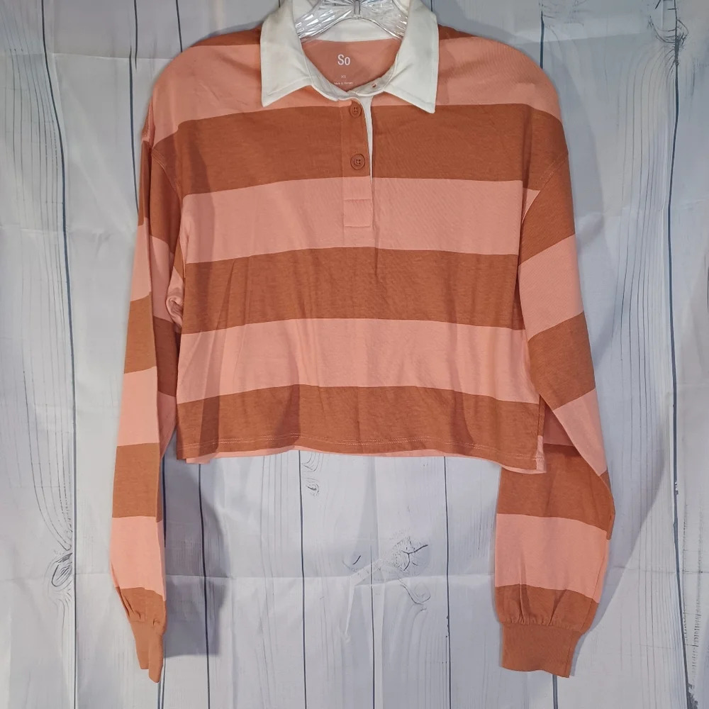 SO striped cropped long sleeve polo rugby-style preppy Y2K School Cropped Top